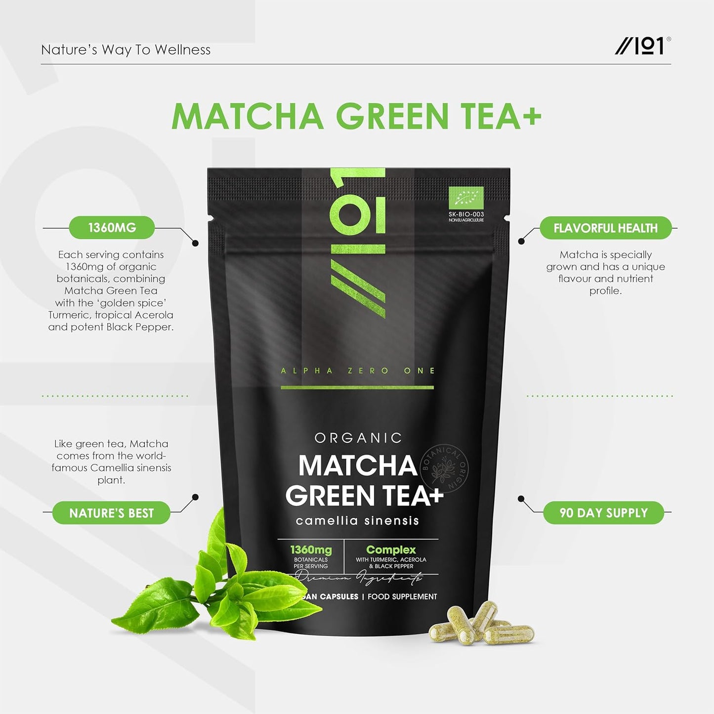 Organic Matcha Green Tea Extract 1360Mg - 90 Vegan Capsules - Boosted with Turme