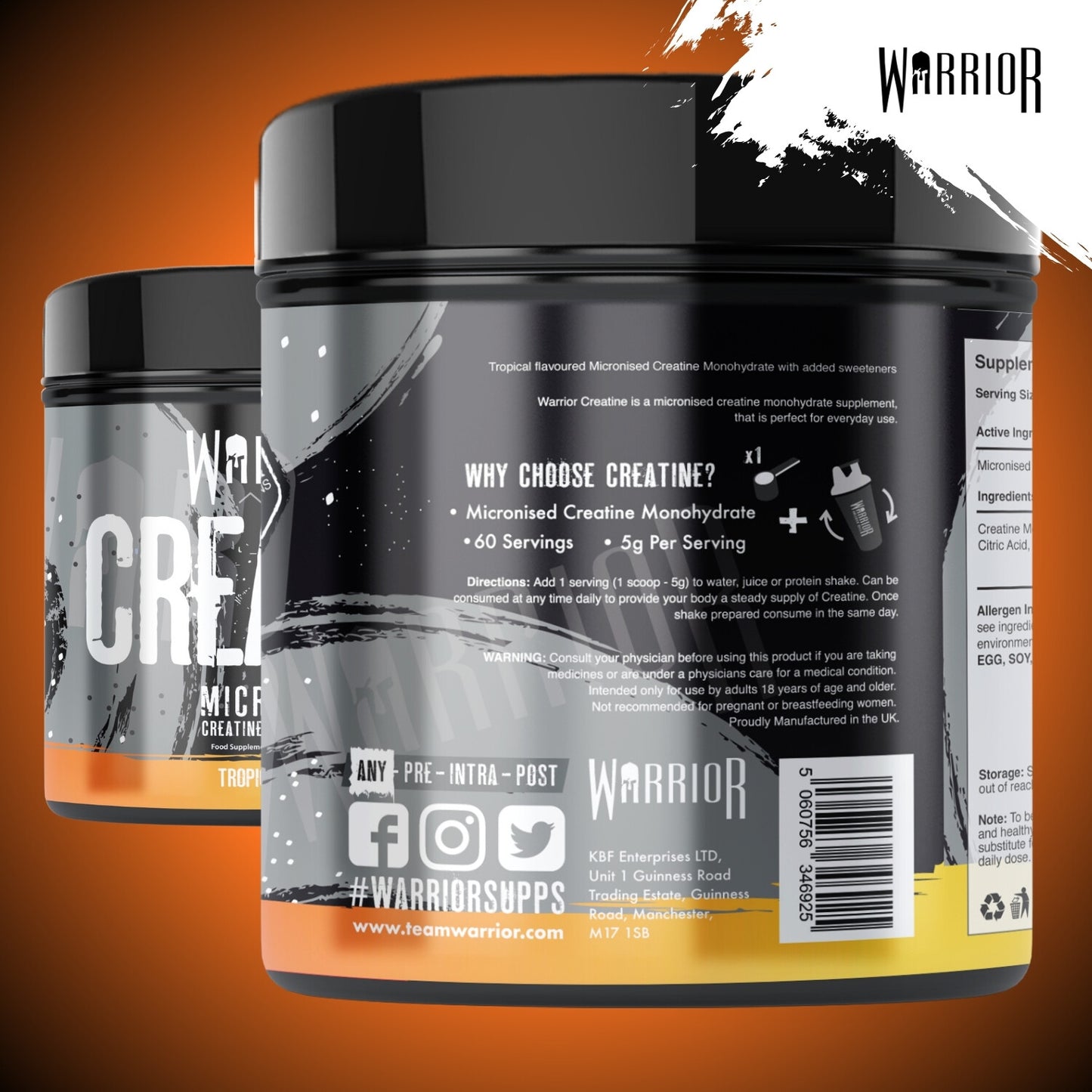 Creatine Monohydrate Powder 300G - Warrior Supplement - Micronised - 60 Servings