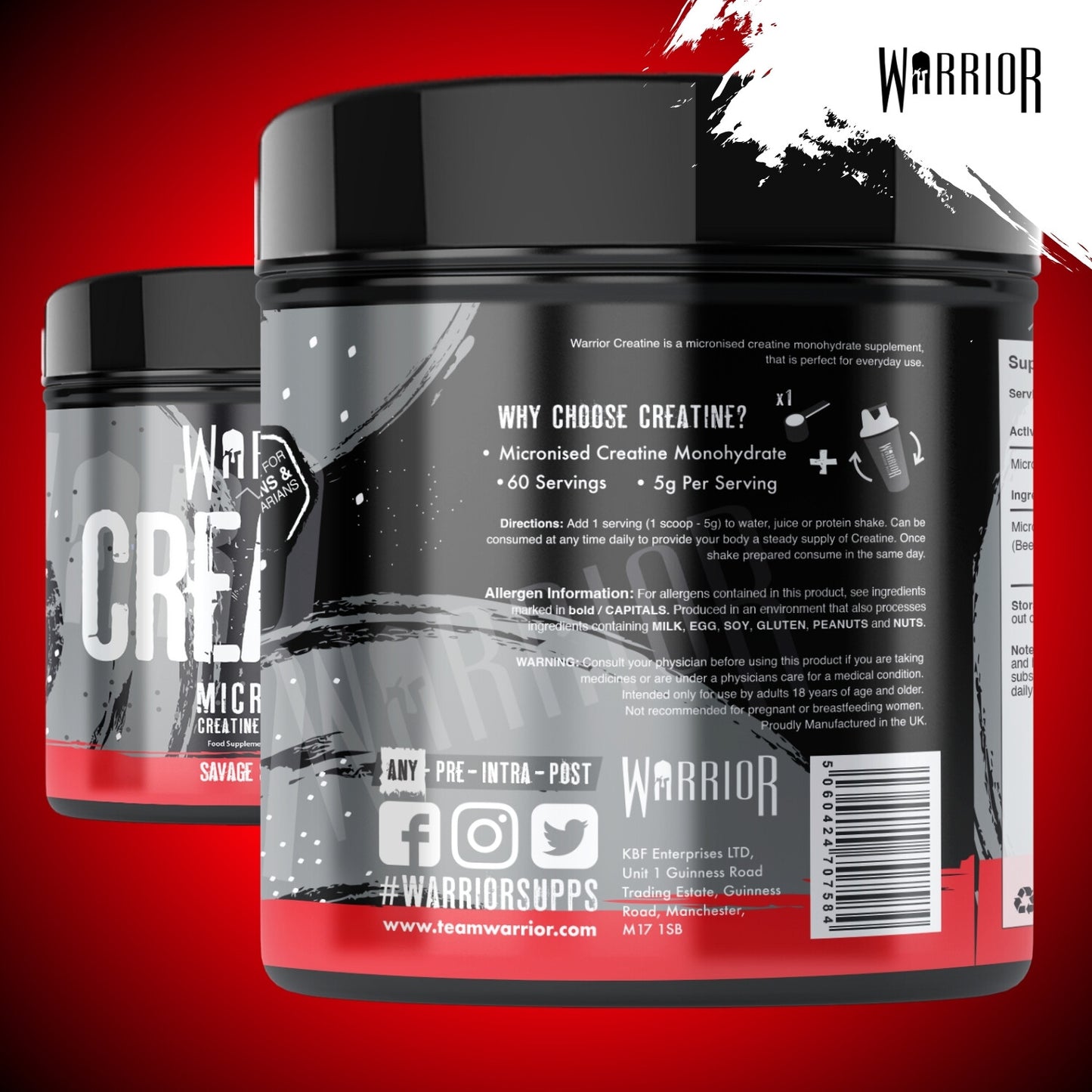 Creatine Monohydrate Powder 300G - Warrior Supplement - Micronised - 60 Servings
