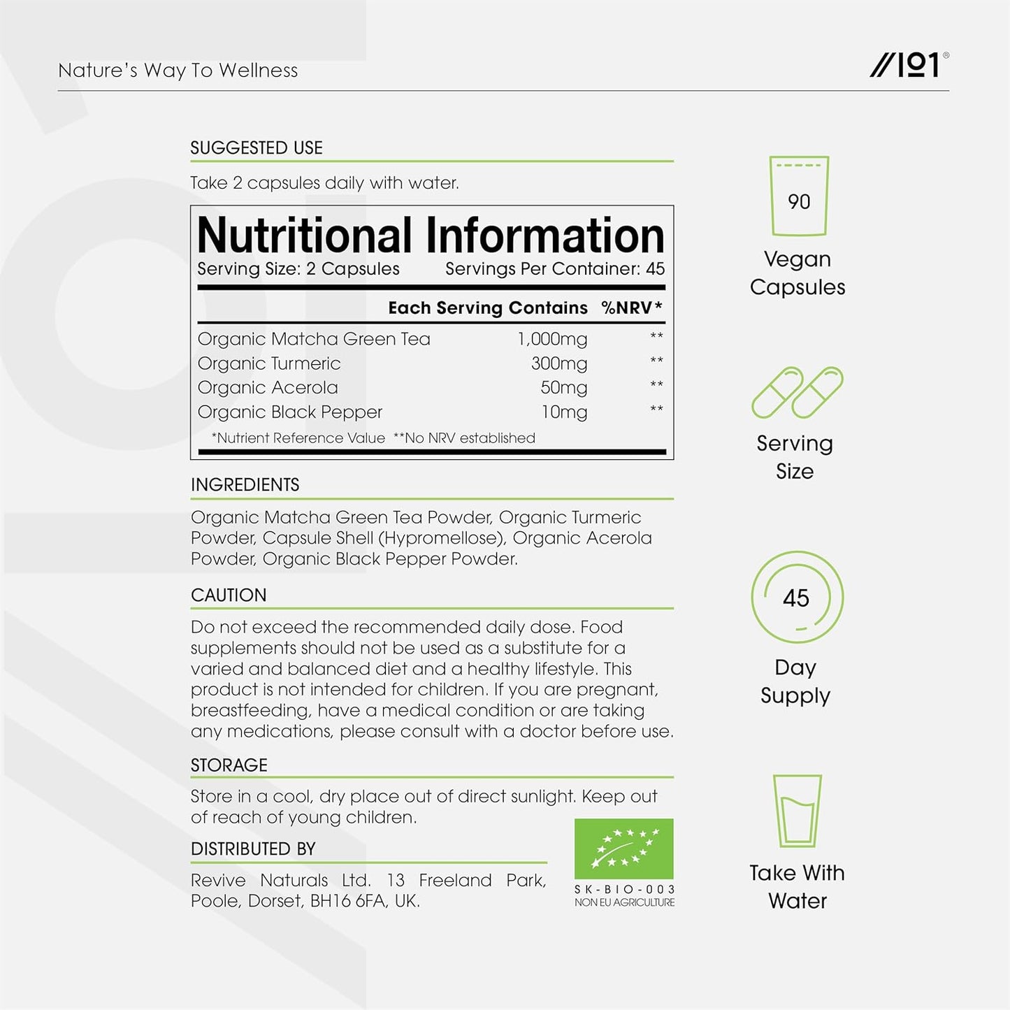 Organic Matcha Green Tea Extract 1360Mg - 90 Vegan Capsules - Boosted with Turme