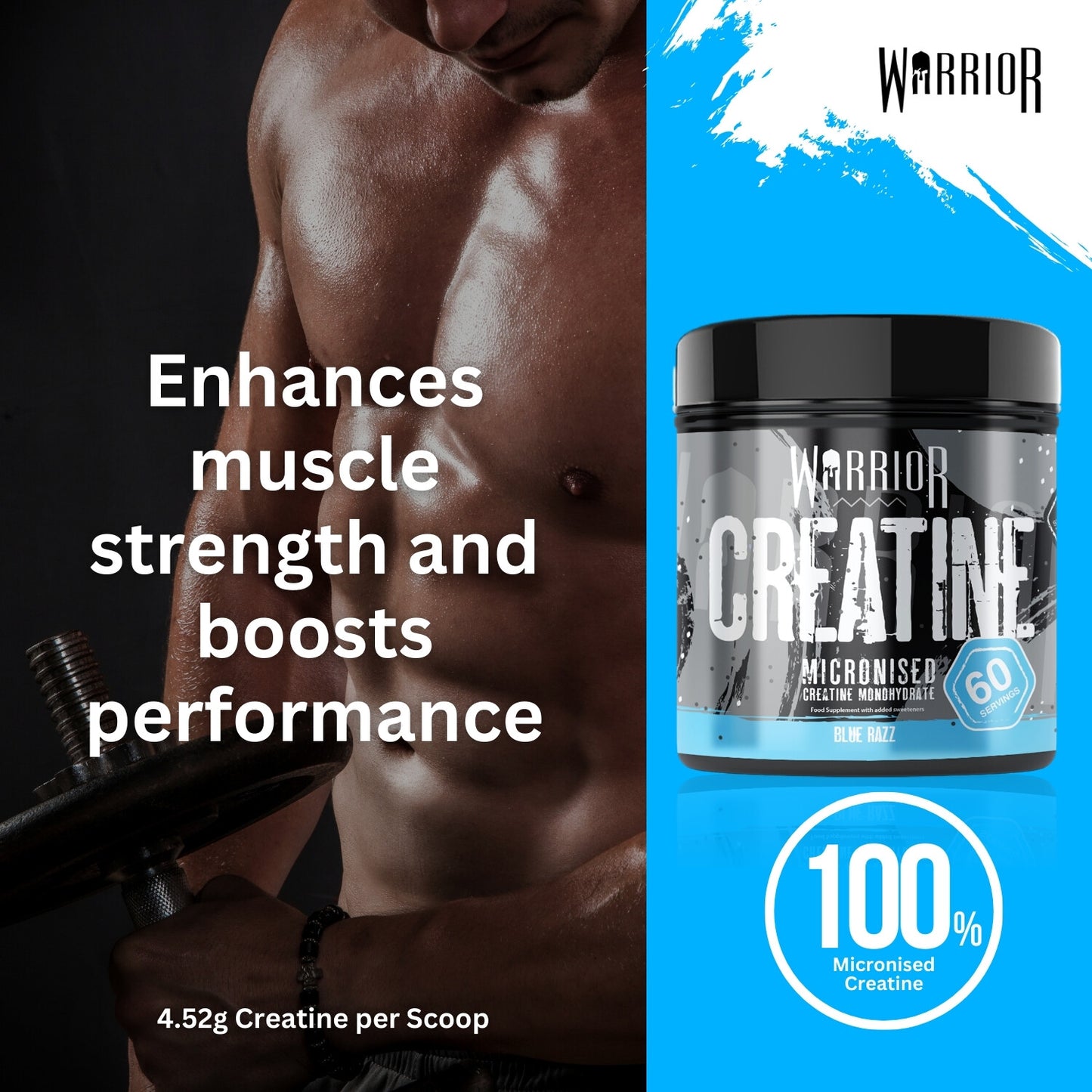 Creatine Monohydrate Powder 300G - Warrior Supplement - Micronised - 60 Servings