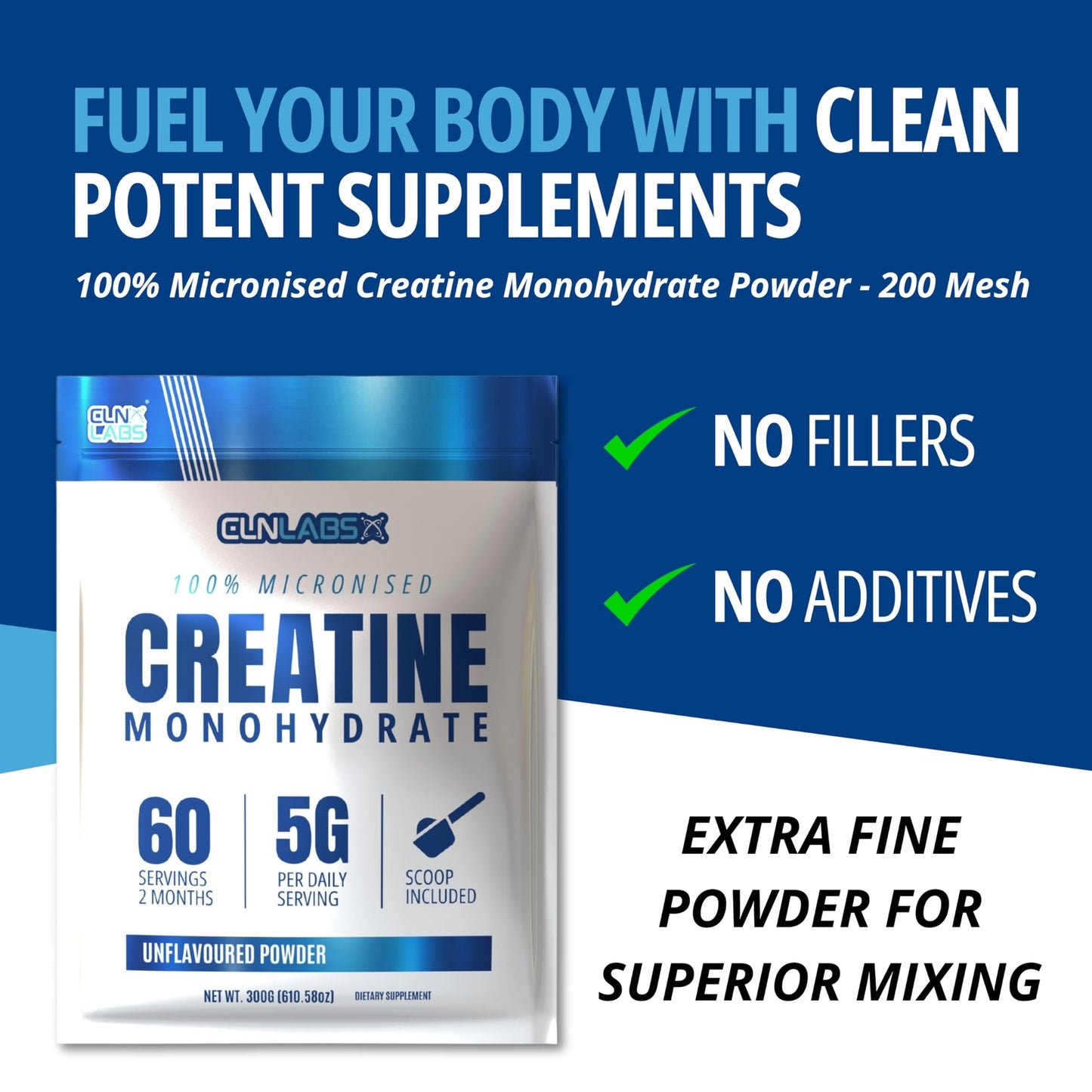 Creatine Monohydrate Powder - 300G 60 X 5G Servings | 200 Mesh Fine Grade Pow...