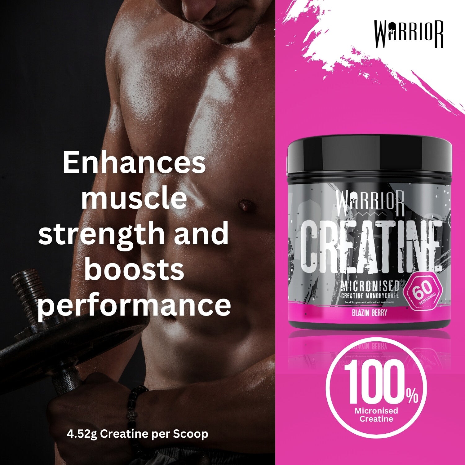 Creatine Monohydrate Powder 300G - Warrior Supplement - Micronised - 60 Servings
