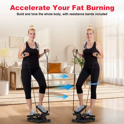 Mini Stepper for Exercise Low-Impact Stair Step Cardio Equipment with Resistance Bands Optional Twist Motion Stepper