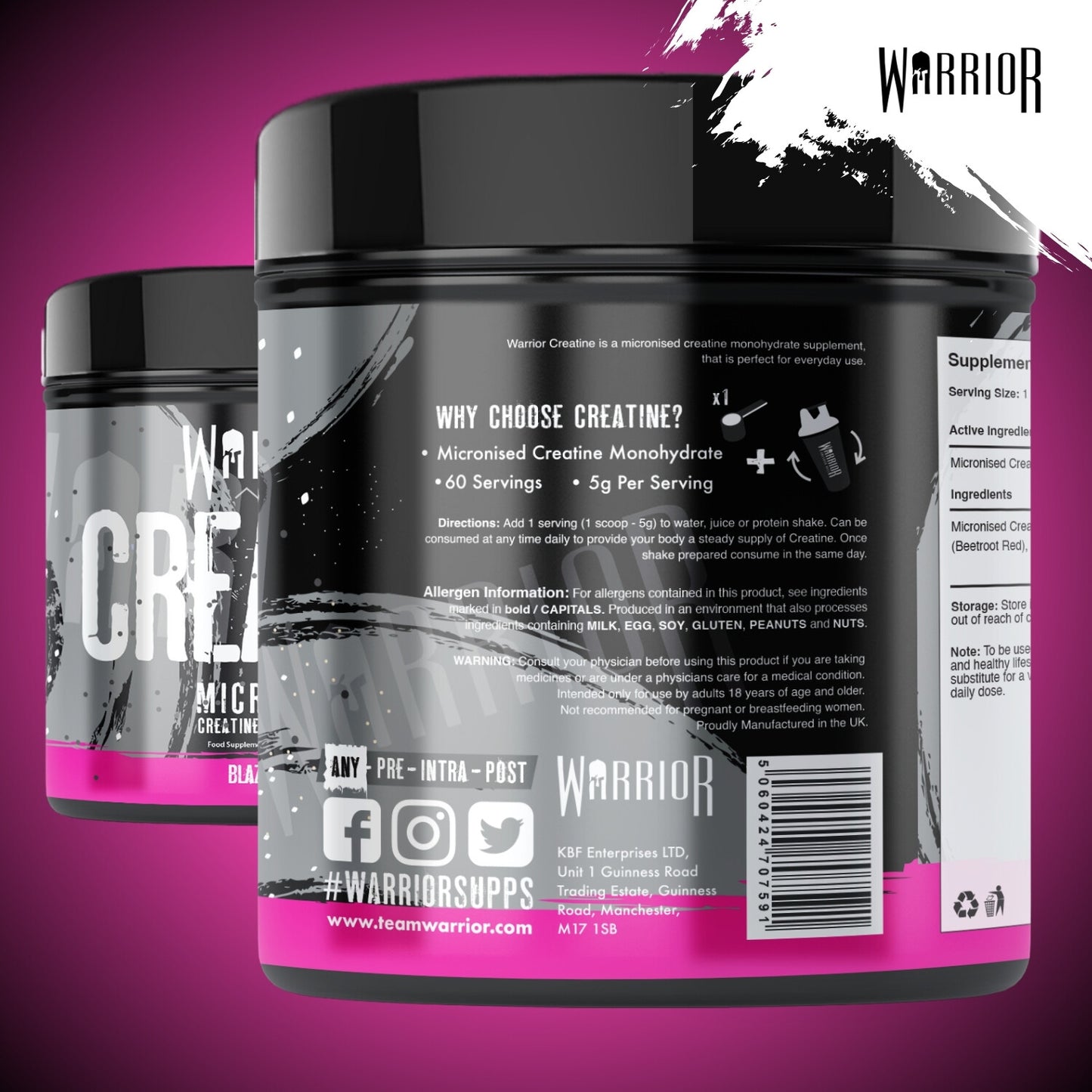 Creatine Monohydrate Powder 300G - Warrior Supplement - Micronised - 60 Servings