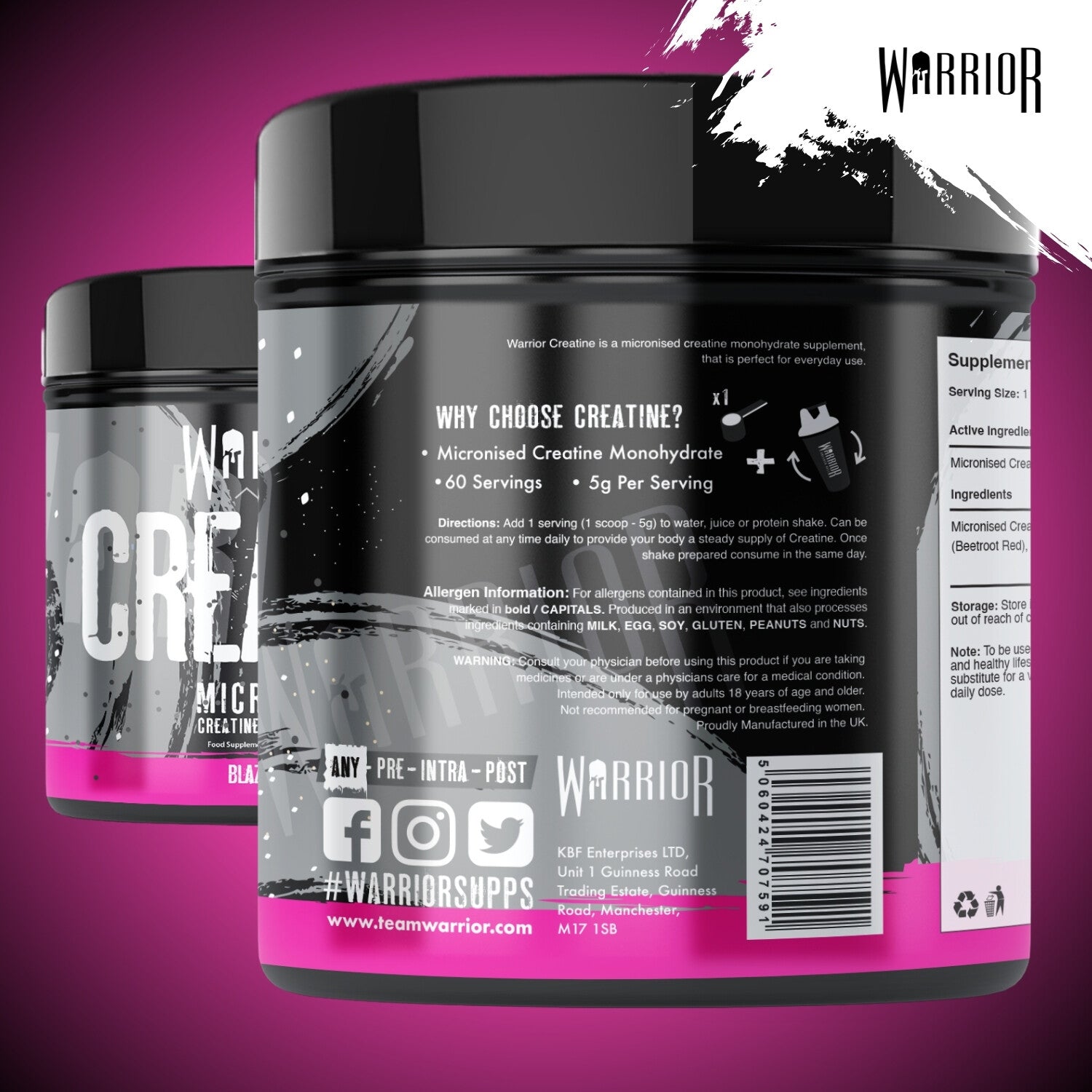 Creatine Monohydrate Powder 300G - Warrior Supplement - Micronised - 60 Servings