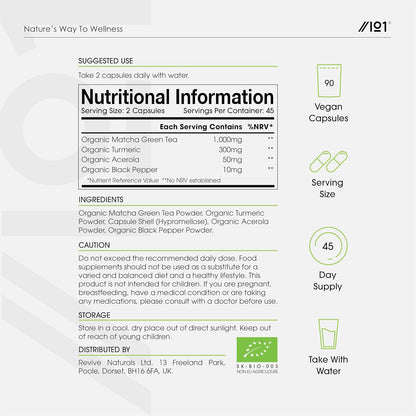 Organic Matcha Green Tea Extract 1360Mg - 90 Vegan Capsules - Boosted with Turme