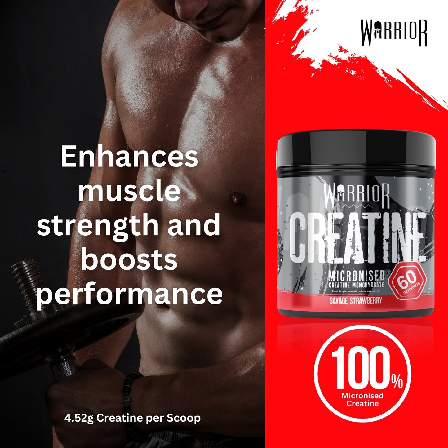 Creatine Monohydrate Powder 300G - Warrior Supplement - Micronised - 60 Servings
