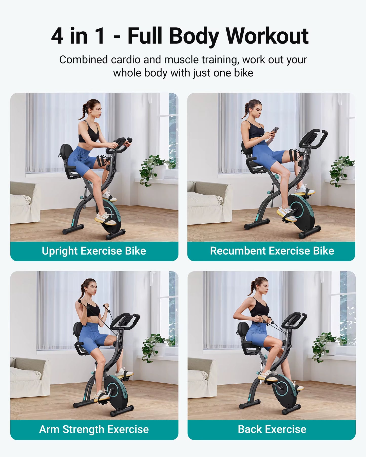 4-in-1 folding exercise bike; magnetic stationary bike; home workout bike