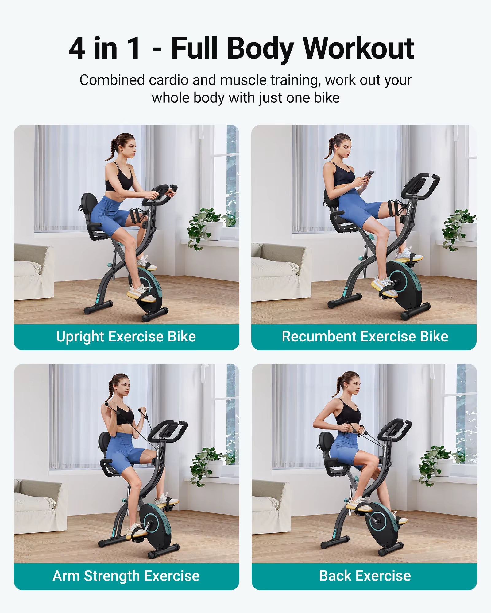 4-in-1 folding exercise bike; magnetic stationary bike; home workout bike