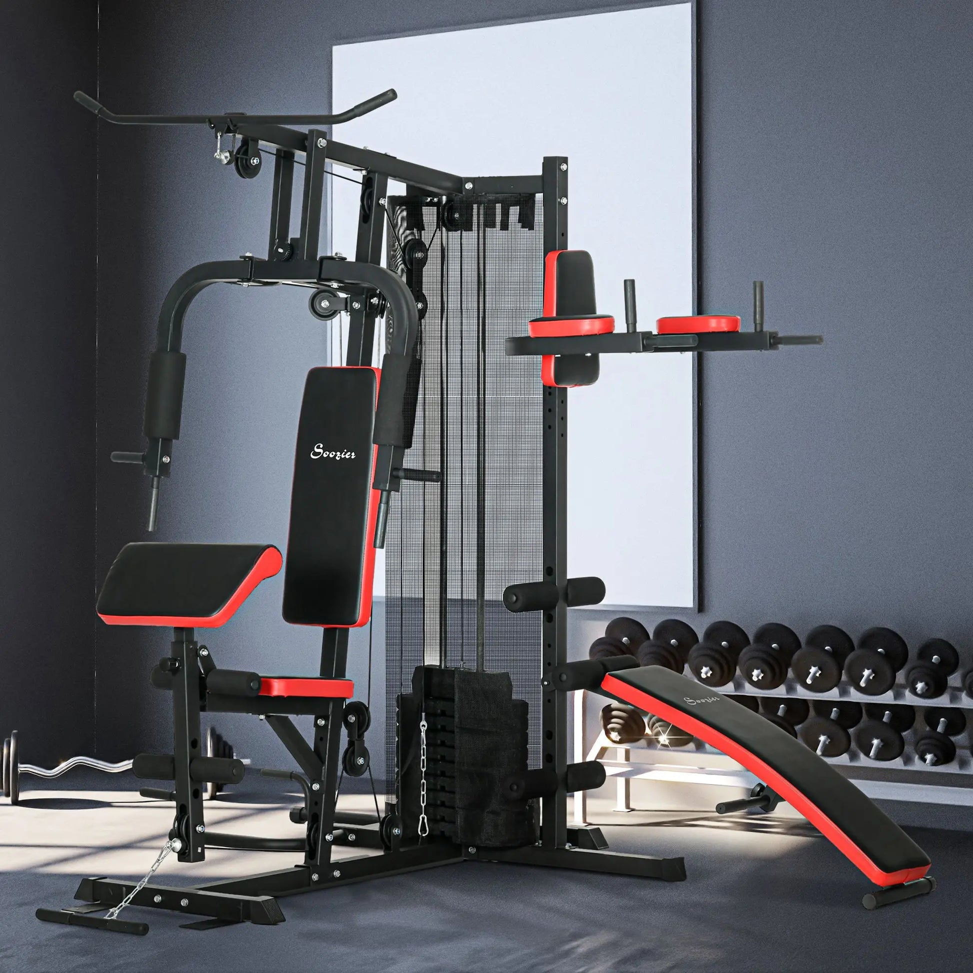 multi-gym station with adjustable bench; 65kg weight stack gym; home strength training equipment