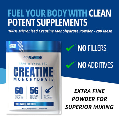 Creatine Monohydrate Powder - 300G 60 X 5G Servings | 200 Mesh Fine Grade Pow...