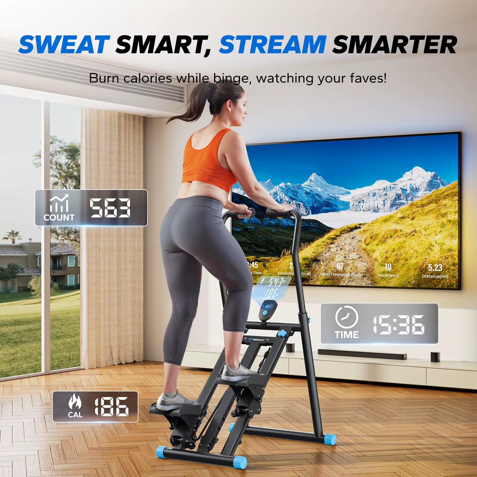 Stair Stepper New Version Vertical Compact Folding Exercise Climber with Extended Step Range Adjustable Handlebar&Pedals